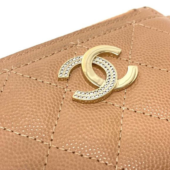 CHANEL Coco Mark Matelasse Wallet Compact Bi-fold Caviar Skin Women's Beige